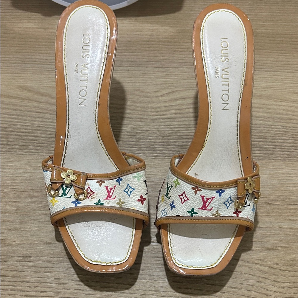 Louis Vuitton White Multicolor Monogram Slide Mules